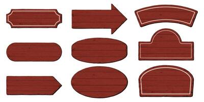 Blank signboard isolated various shapes made from cut timber panels red color painted graphic illustrated. Set of nameplate red wooden texture pattern frame. vector