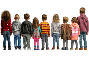 A back view on the group of full height cildren looking in the middle, cutout transparent background png