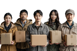 Group of Asian employees, holding boxes, standing and looking at the camera, transparent background png
