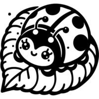 Spotted ladybug sitting on leaf in monochrome. Simple minimalistic in black ink drawing on white background vector