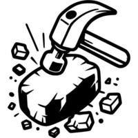 Hammer breaks stone into pieces in monochrome. Simple minimalistic in black ink drawing on white background vector