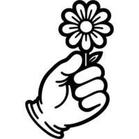 Hand of lover gives chamomile flower in monochrome. Simple minimalistic in black ink drawing on white background vector