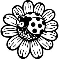 Spotted ladybug sitting on daisy flower in monochrome. Simple minimalistic in black ink drawing on white background vector