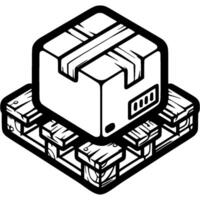 Packed box on wooden pallet in monochrome. Simple minimalistic in black ink drawing on white background vector