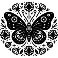 Bright summer butterfly soars over a flower meadow in monochrome. Summer insects and flowers. Simple minimalistic in black ink drawing on white background vector