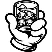 Hand of visitor to establishment holds glass of whiskey and ice in monochrome. Simple minimalistic in black ink drawing on white background vector
