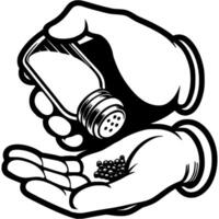 Cook hands pour pepper into palm in monochrome. Simple minimalistic in black ink drawing on white background vector
