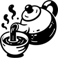 Hot tea is poured from ceramic teapot into mug in monochrome. Holiday tea party. Simple minimalistic in black ink drawing on white background vector