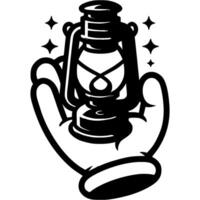 Hand of traveler guide holds luminous lantern in his palm in monochrome. Simple minimalistic in black ink drawing on white background vector