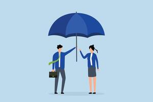 Good boss defend team for the right, good businessman offers large umbrella to protect employee from harm. vector