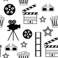 Seamless pattern with cinema objects. Camera, popcorn, film and glasses. Monochrome black and white background. vector