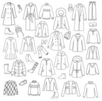 Set of winter and autumn clothes and shoes. Doodle coat, jumper, hat and down jacket. Outline illustrations vector