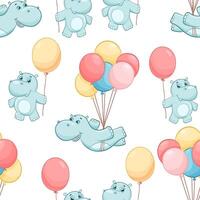 Seamless simple pattern with cute hippo with balloon. Cartoon hippopotamus isolated on white background. Cute baby character. endless pattern for kids vector