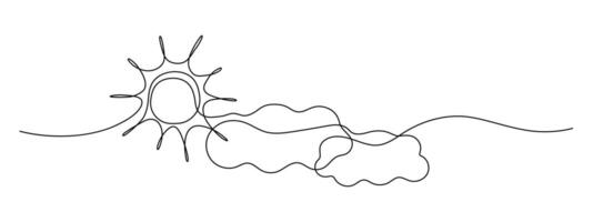 Sun continuous one line drawing and clouds. Sun contour sign. Single line sketch sunny summer travel concept. vector