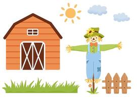 Smiling cute scarecrow character, farmhouse and fence in cartoon style. Set of cute illustrations isolated on white vector