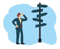 business decision making career path work direction or Businessman standing at a crossroad and looking directional signs arrows in difficult choice concept and startup vector