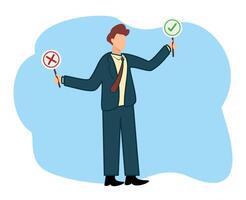 Flat cartoon man confused in making decisions or true and false vector
