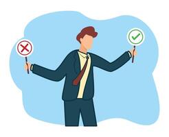 Hands holding signs with cross and checkmark. Wrong and right concept, cancel or approved vote of person vector