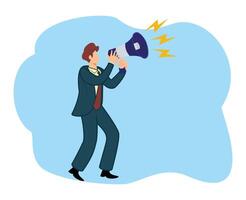 Businessman shout out using megaphone or speaking out loud to communicate with coworker or draw attention and announce promotion concept vector