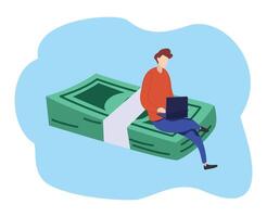 youngman working with laptop sitting on heap of dollar banknotes or online business making money salary and investment return vector