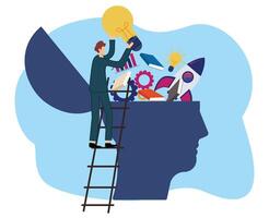 upskill or learn new things and knowledge development for new skill or man putting light bulb ideas, books and rocket booster into human head to upgrade working skill vector