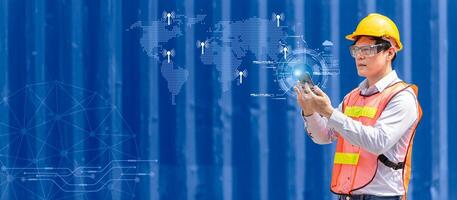 Smart Engineer Business man with Modern Internet Wireless Technology Global Connection in Logistic Industry Concept. photo