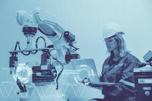 engineer programmer with advance technology robotic automation factory engineering system software application concept photo