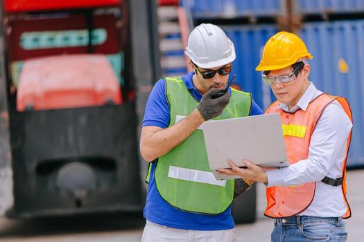Group of Port Container Ship Yard Colleague Workers working together join teamwork control operate solving problem. photo