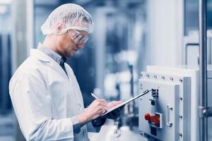 Scientist Medical Factory Staff Working in Science Lab. Medicine factory Technician Employee Check Care Products Quality in Sterilize Room Taking Note in Check list. photo