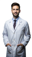 Portrait of a Smiling Male Doctor in a White Lab Coat With Hands in Pockets png