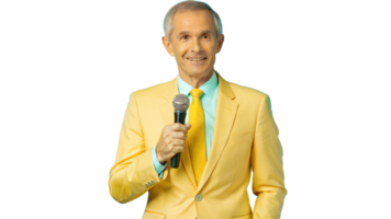 Smiling Man in Yellow Suit Speaking Into Microphone png