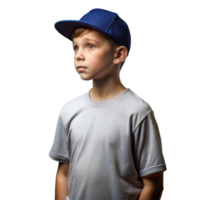 Young Boy Wearing Grey T-Shirt and Blue Baseball Cap Looking Away png