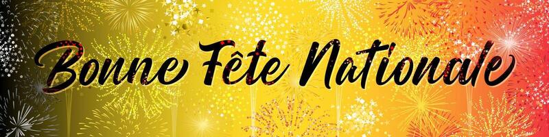 Happy National Holiday French text, Belgian greetings. Horizontal banner. Holiday decoration. Advertising web button. Festive background with 3D shiny fireworks and clipping mask. Digital illustration vector