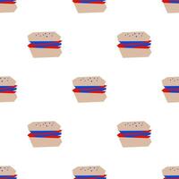 Seamless pattern with fast food hamburger shape in cutout style on white background vector