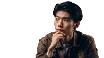 Young Man Thinking, Wearing Brown Leather Jacket, Indoor Portrait png