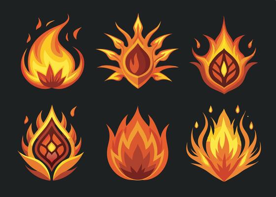Different style six fire effect set on black background