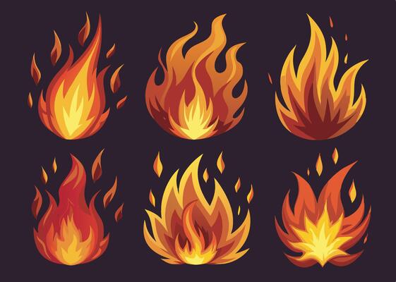 Different style six fire effect set on black background