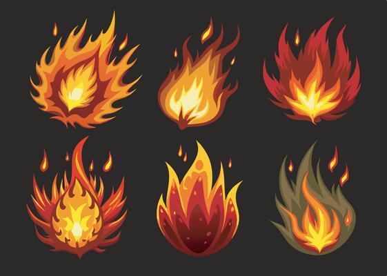Different style six fire effect set on black background