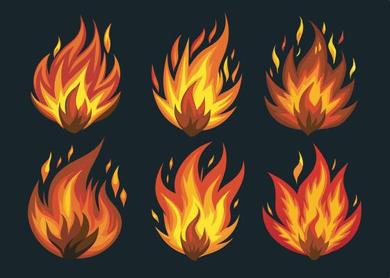 Different style six fire effect set on black background