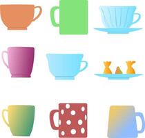 8 different mugs for tea and coffee. tall glasses and low tea cups for English tea. illustration mugs tea cups and coffee glasses in gradient and different colors. to insert into a banner site vector