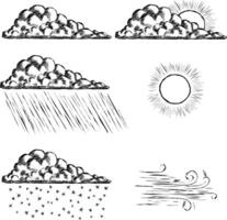 A set of clouds and weather conditions for the weather forecast. Black Hand Sketch Stroke. illustration vector