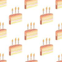 Cake slice piece with candle isolated on white background. Seamless pattern. vector