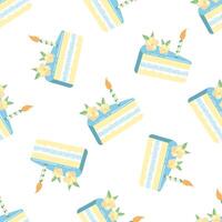 Cake slice piece with candle isolated on white background. Seamless pattern. vector