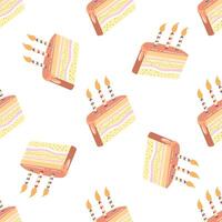 Cake slice piece with candle isolated on white background. Seamless pattern. vector