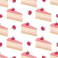 Cake slice piece with cherry isolated on white background. Seamless pattern. vector