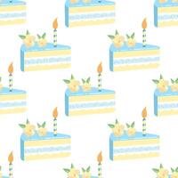 Cake slice piece with candle isolated on white background. Seamless pattern. vector