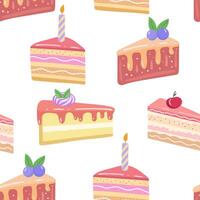 Cake slice pieces isolated on white background. Seamless pattern. vector