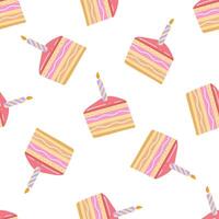Cake slice piece with candle isolated on white background. Seamless pattern. vector