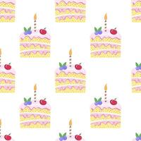 Cake slice piece with candle isolated on white background. Seamless pattern. vector
