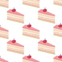 Cake slice piece with cherry isolated on white background. Seamless pattern. vector